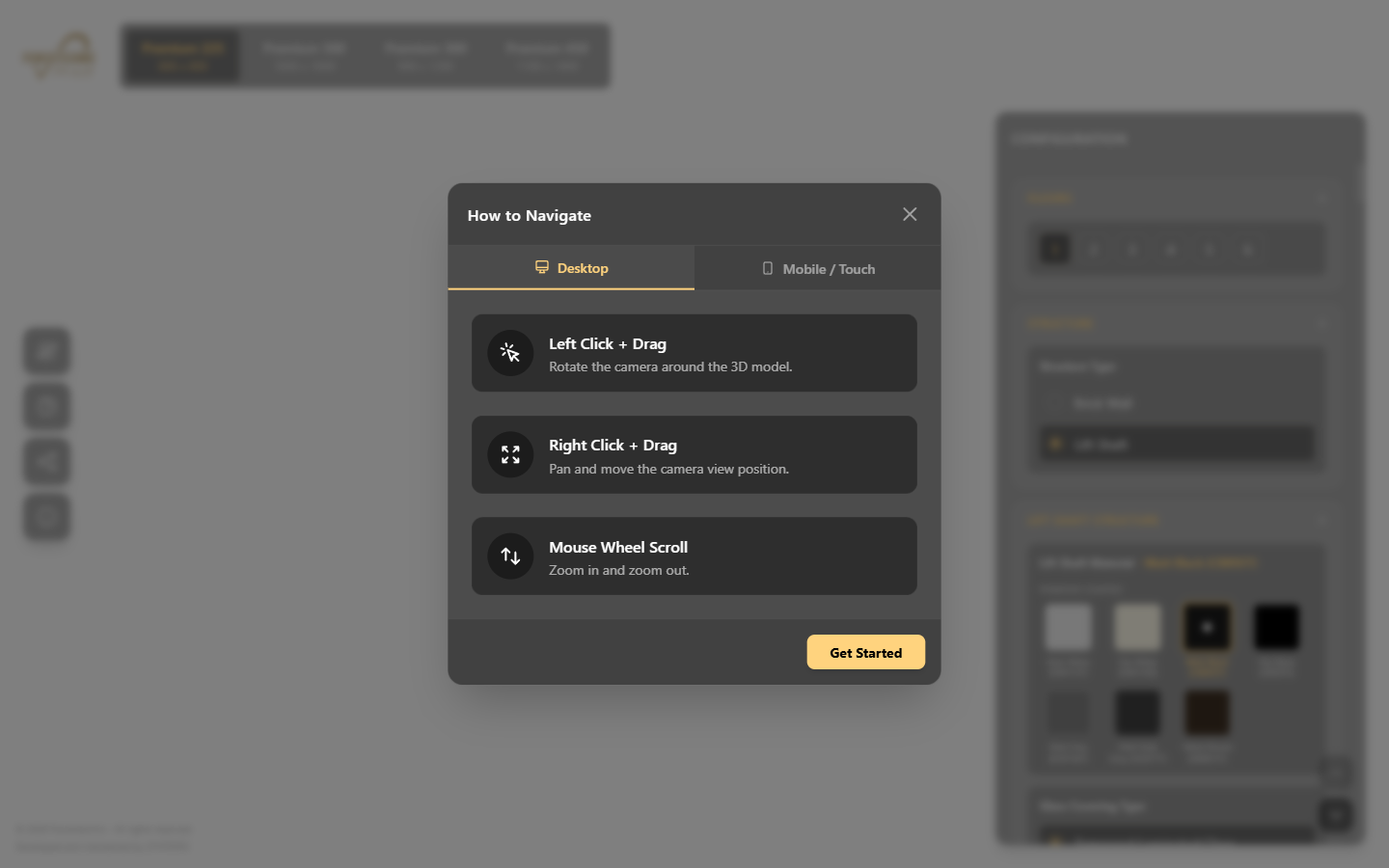 The configurator's first-load navigation primer: a dialog headed How to Navigate with Desktop and Mobile / Touch tabs, listing left click and drag to rotate, right click and drag to pan, and mouse wheel to zoom.