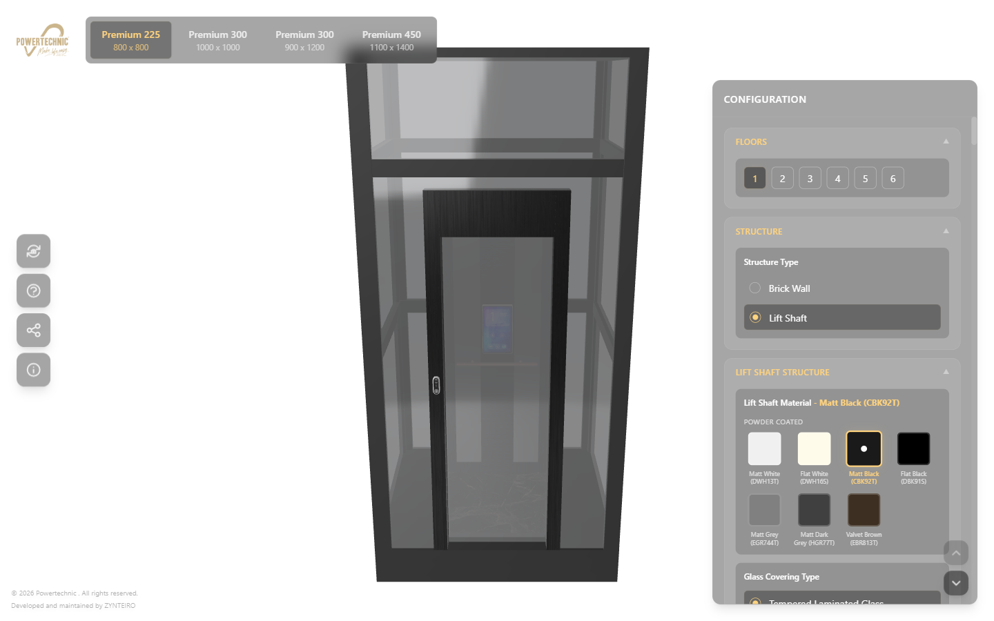 The Powertechnic home lift configurator: a 3D lift car in a glass shaft with a configuration panel on the right.