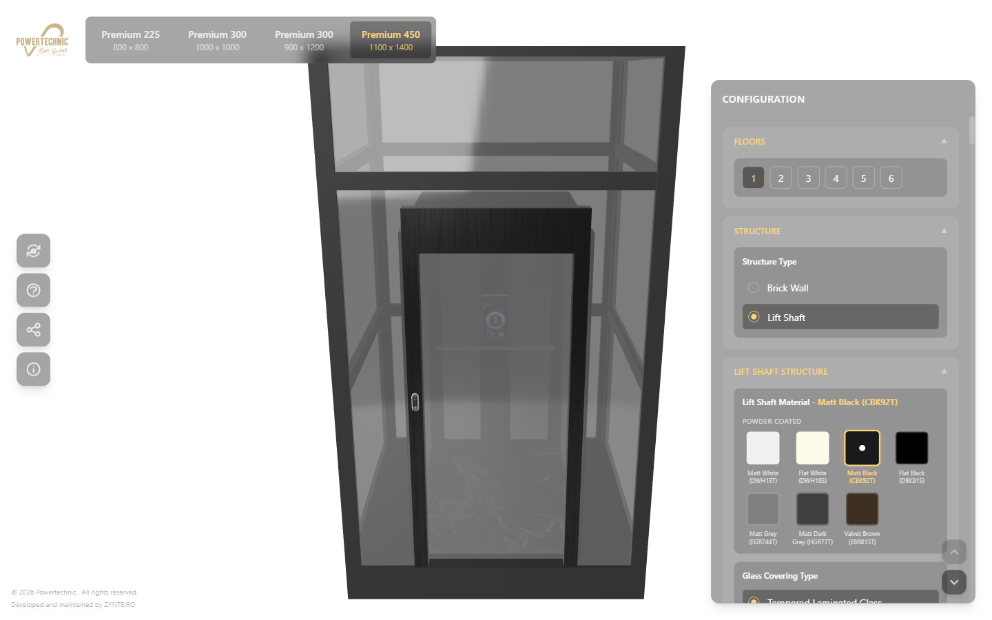 The same configurator with Premium 450 selected: a taller, wider glass shaft, the same configuration panel, and the Matt Black CBK92T swatch highlighted.